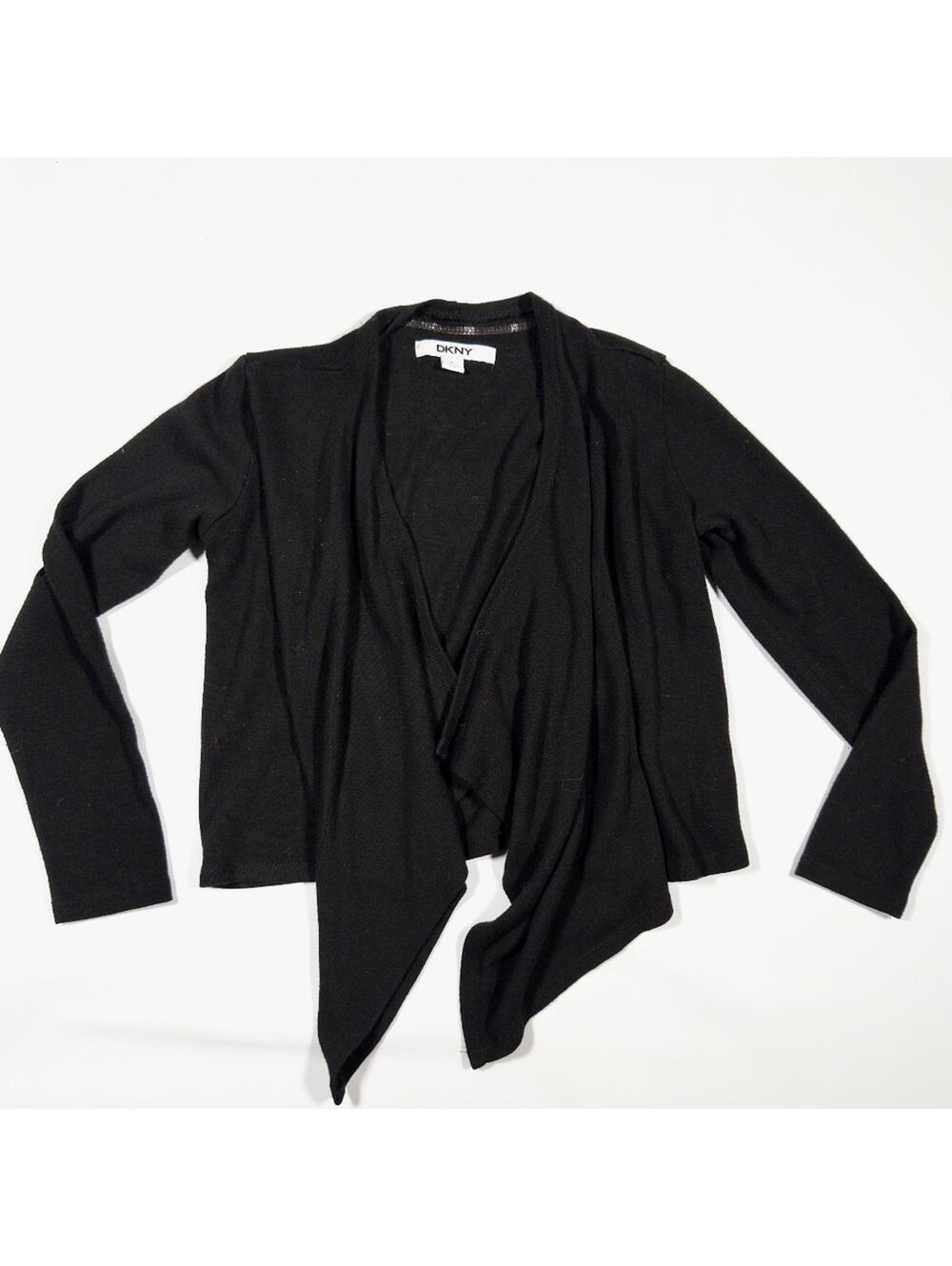 DKNY Girls Cascade Drape Open Front Cardigan Black Knit Size Large 12 14 Donna